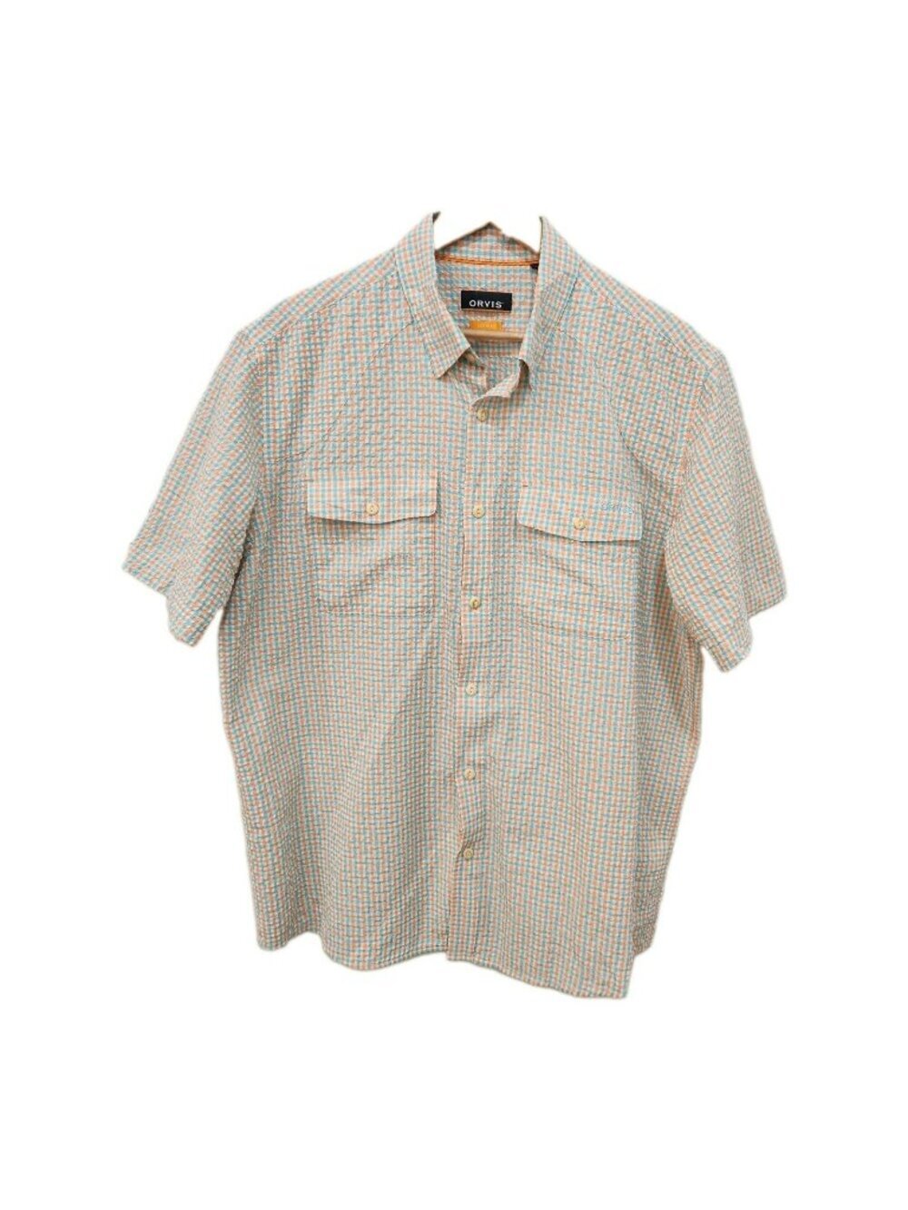 Orvis Clearwater Shirt Men L Blue Pink Check Seersucker Button Down Active Fit